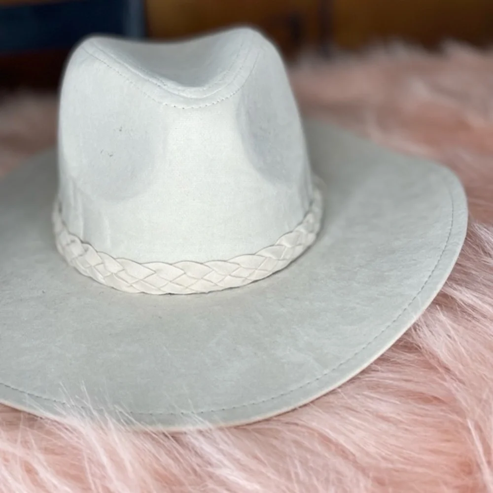 NEW IVORY GRAY FASHION BRIM HAT‎ WITH BRAIDED TIE